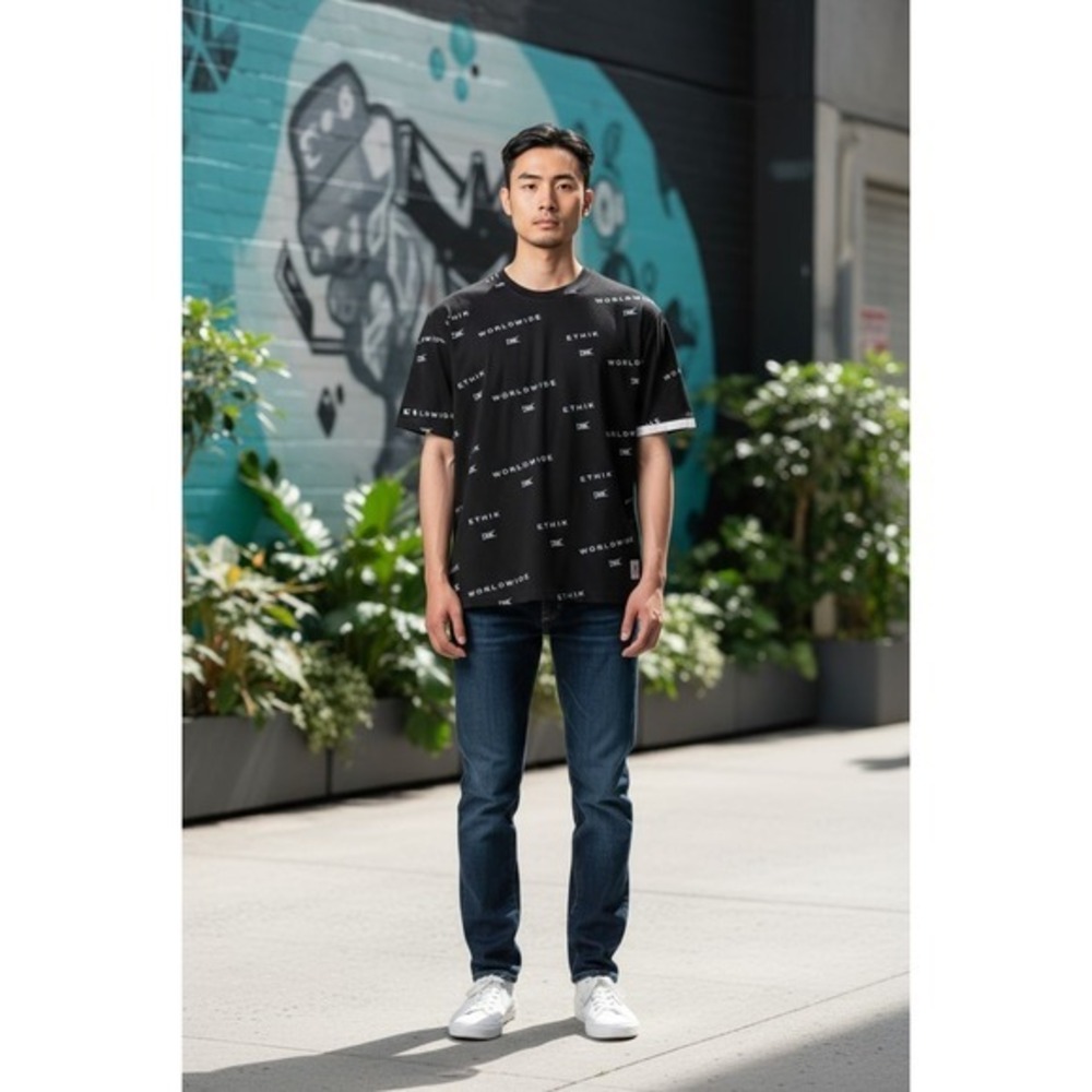 Ethik Worldwide‎ Mens Black All Over Print Ringer T-Shirt Size Large Streetwear